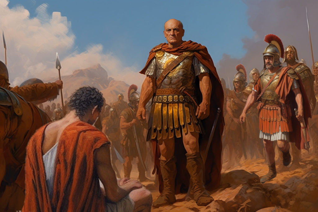 Artist depiction of Ben-Matityahu kneeling in submission before general Vespasian